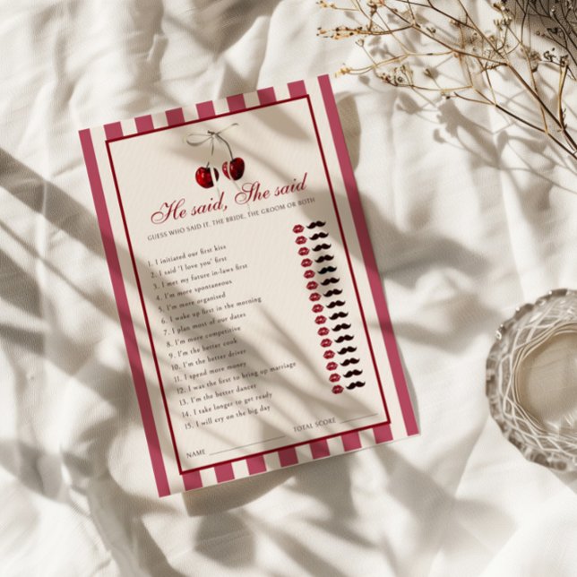 Cherry Striped Bridal Shower He Said She said Card (Creator Uploaded)