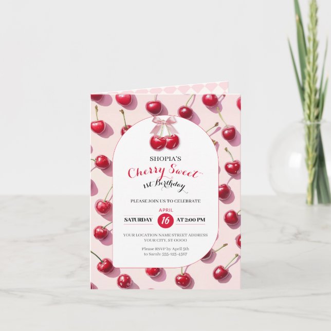 Cherry Sweet 1st Birthday Folded Invitation (Front)
