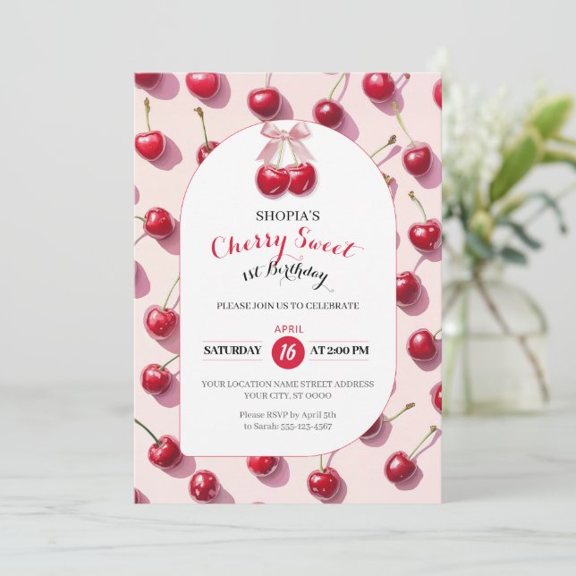 Cherry Sweet 1st Birthday Invitation (Standing Front)