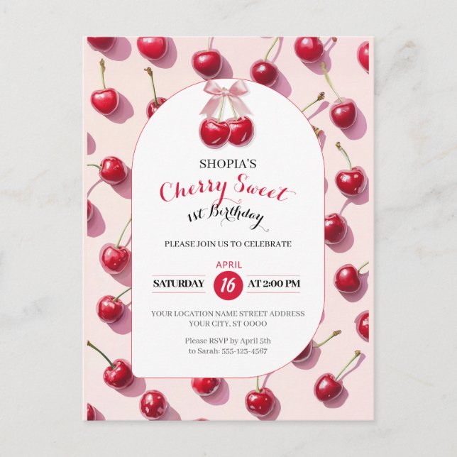 Cherry Sweet 1st Birthday Invitation Postcard (Front)