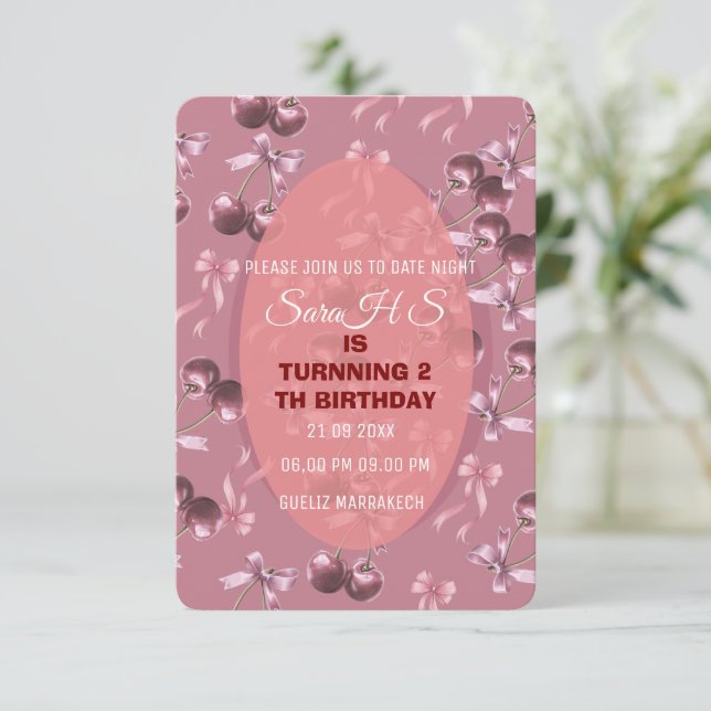 Cherry Sweet Birthday Party Invitation, Cherry Bow (Standing Front)