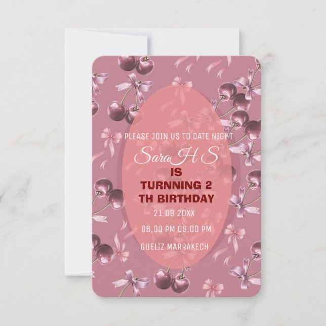 Cherry Sweet Birthday Party Invitation, Cherry Bow Invitation (Front)