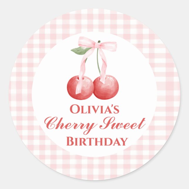 Cherry Sweet birthday Pink Bow Gingham Classic Round Sticker (Front)