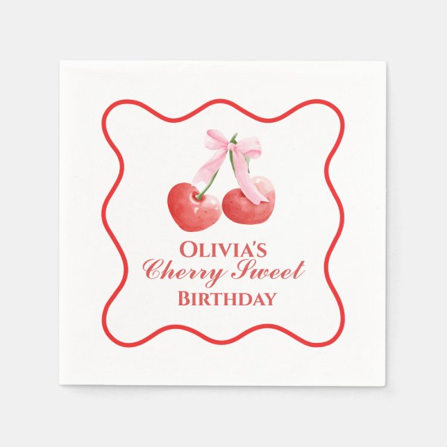 Cherry Sweet birthday Pink Bow Gingham Napkin (Front)