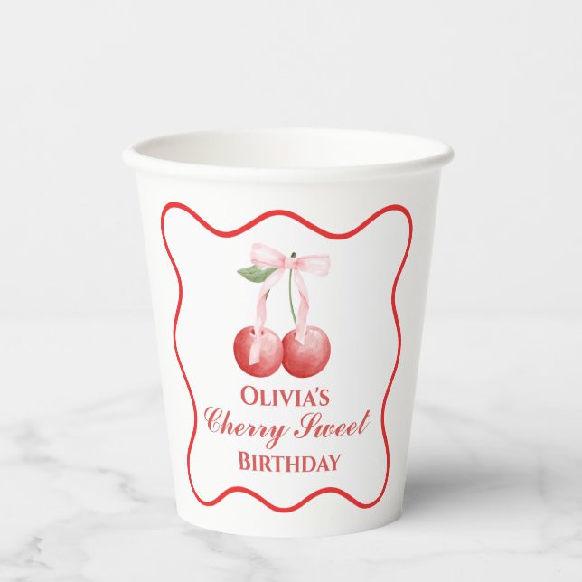 Cherry Sweet birthday Pink Bow Gingham Paper Cups (Front)