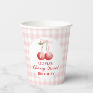 Cherry Sweet birthday Pink Bow Gingham Paper Cups