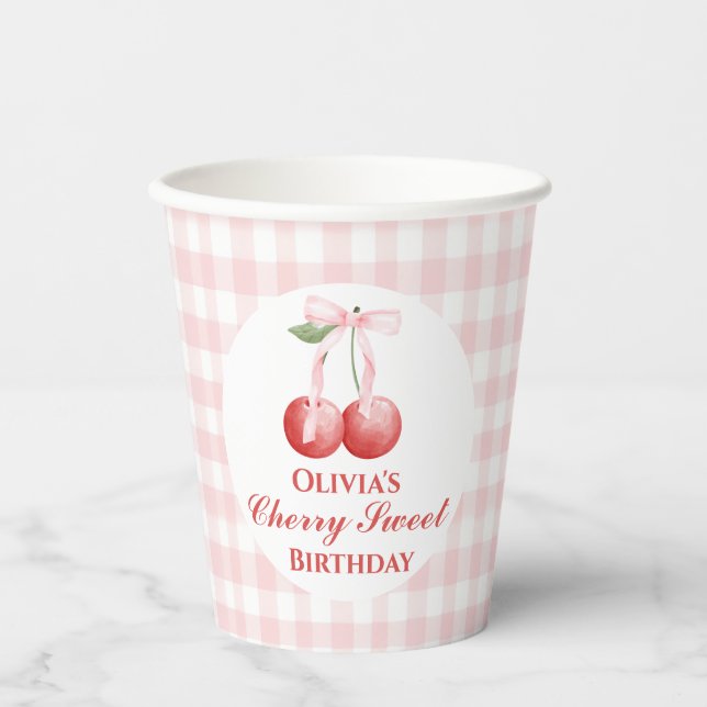 Cherry Sweet birthday Pink Bow Gingham Paper Cups (Front)