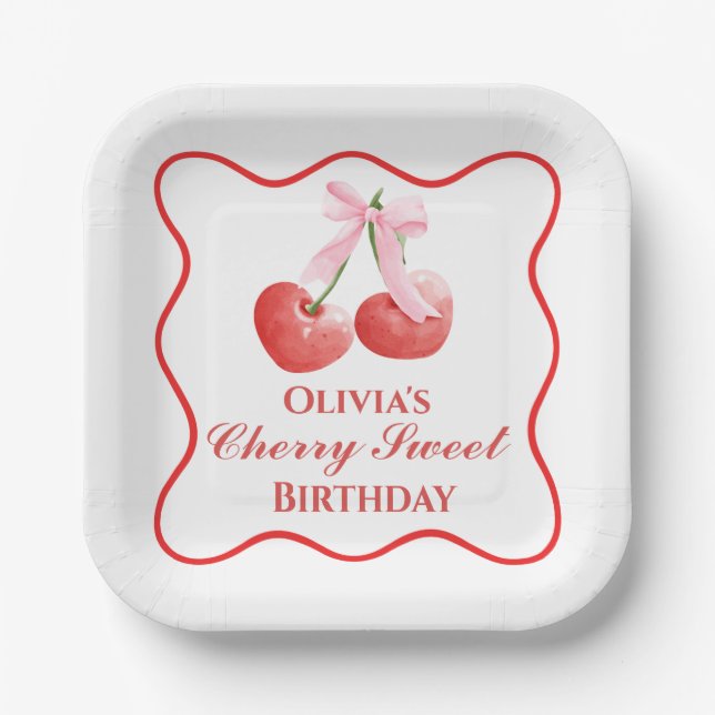 Cherry Sweet birthday Pink Bow Gingham Paper Plate (Front)
