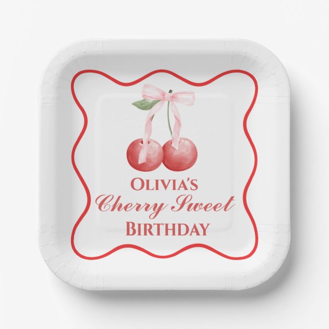Cherry Sweet birthday Pink Bow Gingham Paper Plate (Front)