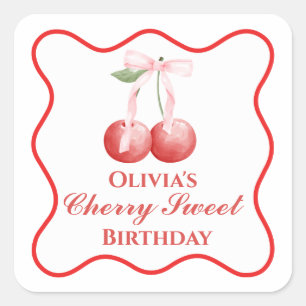 Cherry Sweet birthday Pink Bow Gingham Square Sticker