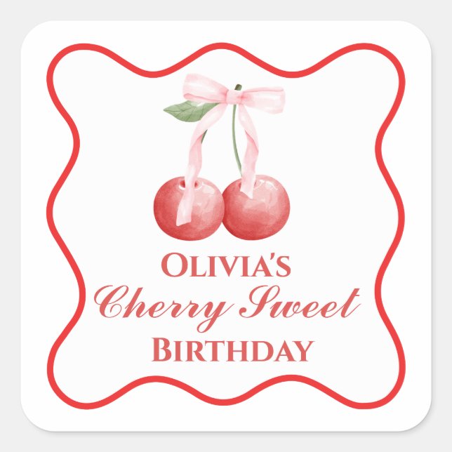 Cherry Sweet birthday Pink Bow Gingham Square Sticker (Front)