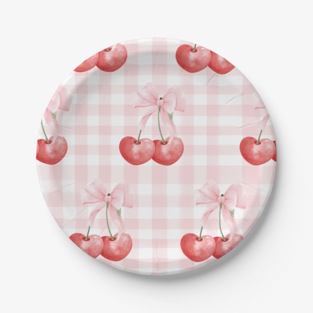 Cherry Sweet birthday Pink Gingham Paper Plate (Front)