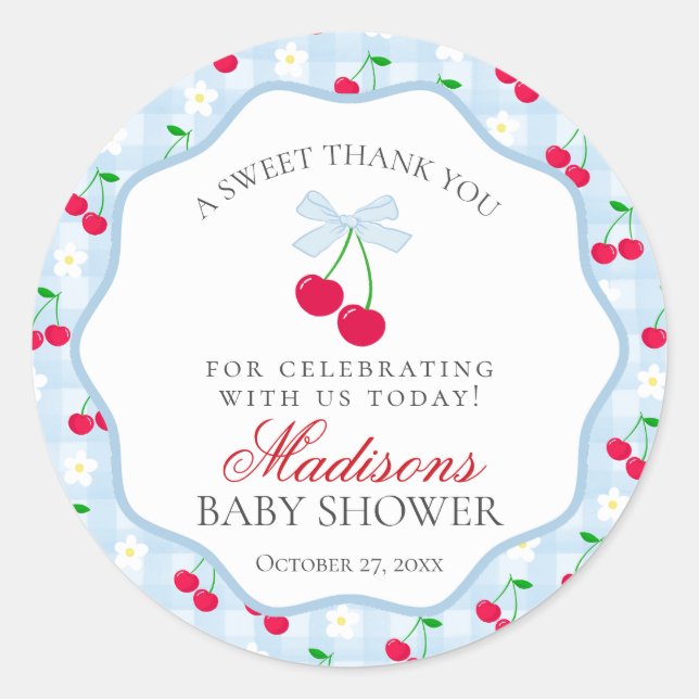 Cherry Sweet Blue Coquette Bow Baby Shower Circle Classic Round Sticker (Front)