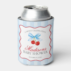 Cherry Sweet Blue Coquette Bow Baby Shower Favour Can Cooler