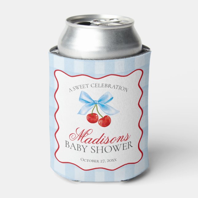 Cherry Sweet Blue Coquette Bow Baby Shower Favour Can Cooler (Can Front)