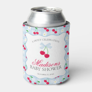 Cherry Sweet Blue Coquette Bow Baby Shower Favour Can Cooler
