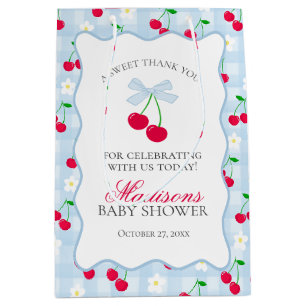 Cherry Sweet Blue Coquette Bow Baby Shower Favours Medium Gift Bag