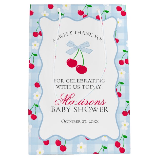 Cherry Sweet Blue Coquette Bow Baby Shower Favours Medium Gift Bag (Front)