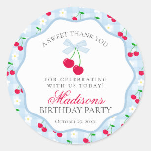 Cherry Sweet Blue Coquette Bow Birthday Circle Classic Round Sticker