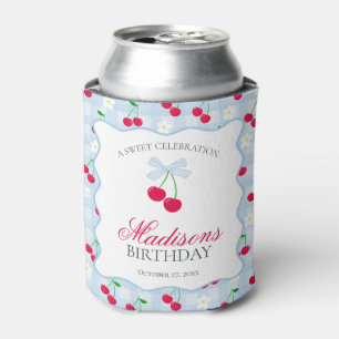 Cherry Sweet Blue Coquette Bow Birthday Favor Can Cooler