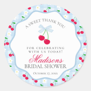 Cherry Sweet Blue Coquette Bow Bridal Shower Classic Round Sticker