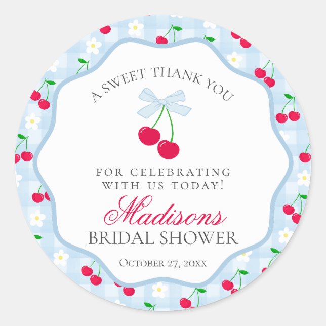 Cherry Sweet Blue Coquette Bow Bridal Shower Classic Round Sticker (Front)