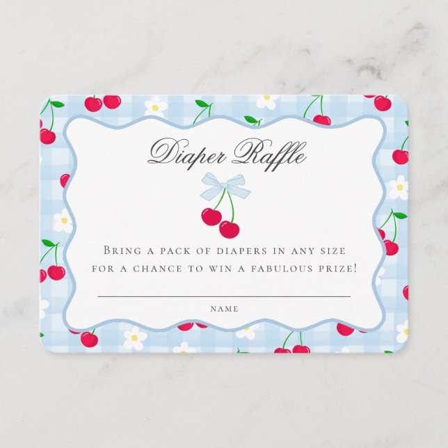 Cherry Sweet Blue Coquette Bow Diaper Raffle Card (Front)