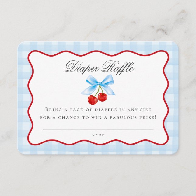 Cherry Sweet Blue Coquette Bow Diaper Raffle Card (Front)