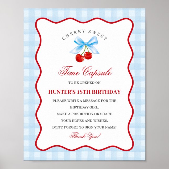 Cherry Sweet Blue Coquette Bow Gingha Time Capsule Poster (Front)