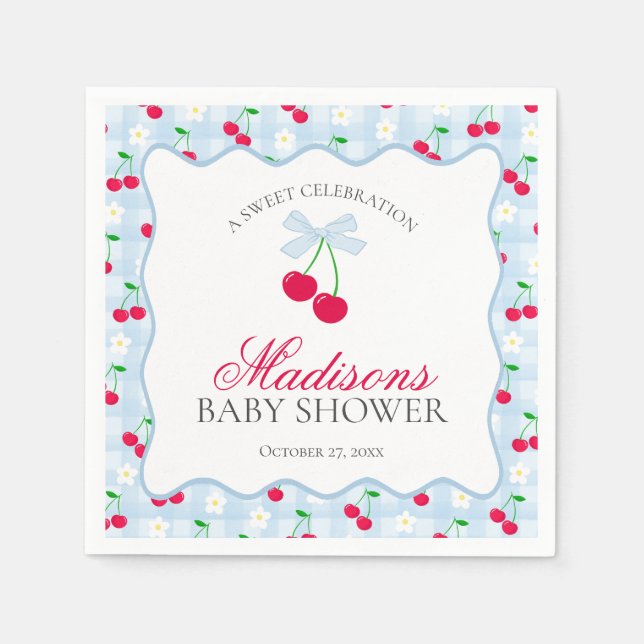 Cherry Sweet Blue Coquette Bow Gingham Baby Shower Napkin (Front)