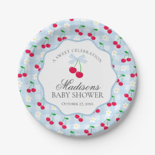 Cherry Sweet Blue Coquette Bow Gingham Baby Shower Paper Plate