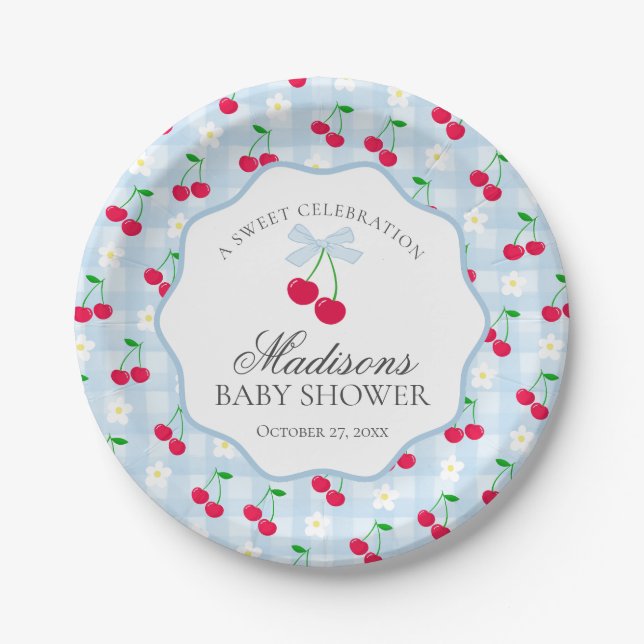 Cherry Sweet Blue Coquette Bow Gingham Baby Shower Paper Plate (Front)