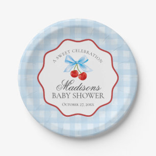 Cherry Sweet Blue Coquette Bow Gingham Baby Shower Paper Plate