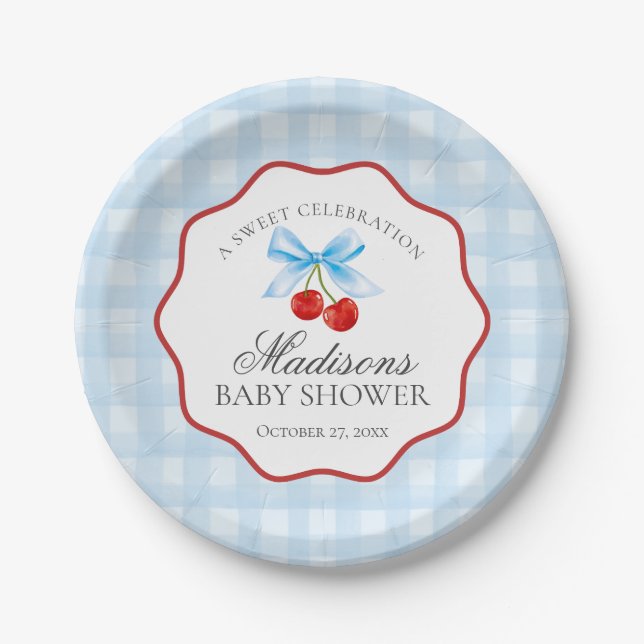 Cherry Sweet Blue Coquette Bow Gingham Baby Shower Paper Plate (Front)