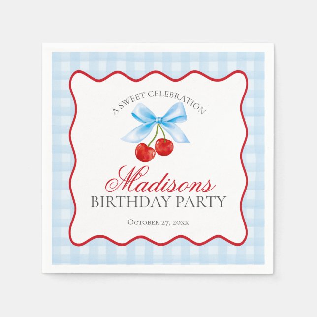 Cherry Sweet Blue Coquette Bow Gingham Birthday Napkin (Front)