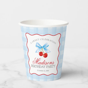 Cherry Sweet Blue Coquette Bow Gingham Birthday Paper Cups