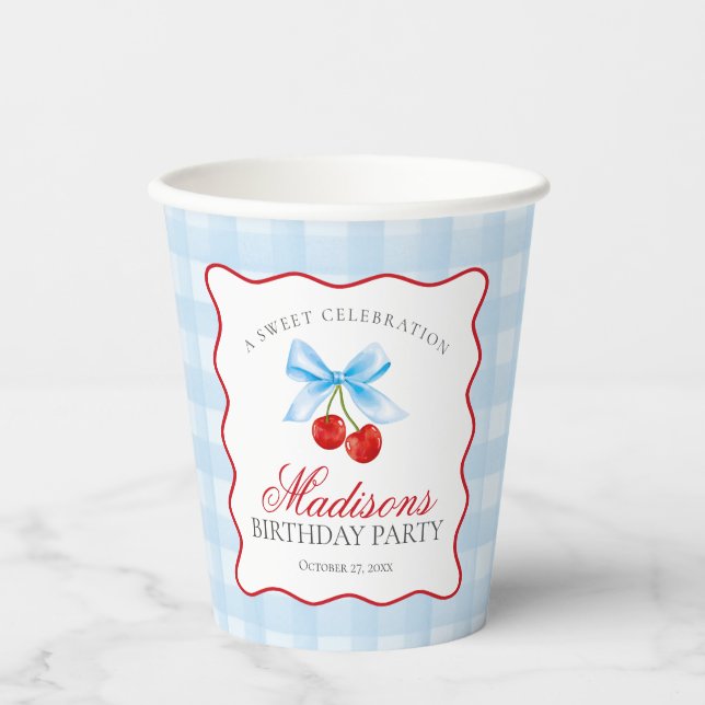 Cherry Sweet Blue Coquette Bow Gingham Birthday Paper Cups (Front)