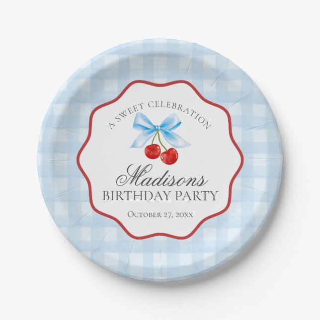 Cherry Sweet Blue Coquette Bow Gingham Birthday Paper Plate (Front)