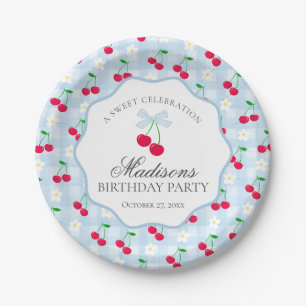 Cherry Sweet Blue Coquette Bow Gingham Birthday Paper Plate