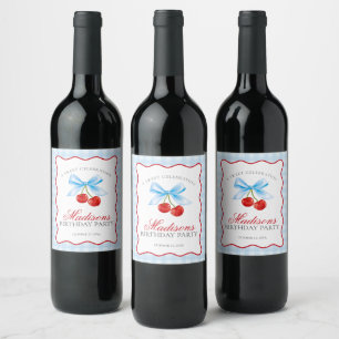 Cherry Sweet Blue Coquette Bow Gingham Birthday Wine Label