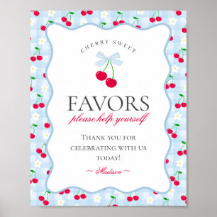 Cherry Sweet Blue Coquette Bow Gingham Favors Sign