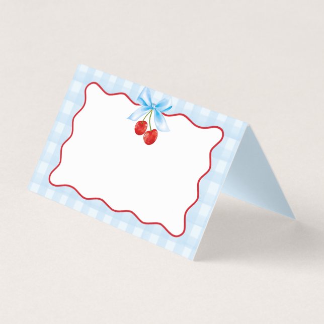 Cherry Sweet Blue Coquette Bow Gingham Place Card (Front)