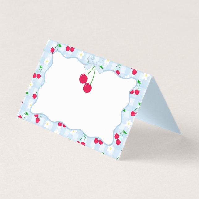 Cherry Sweet Blue Coquette Bow Gingham Place Card (Front)
