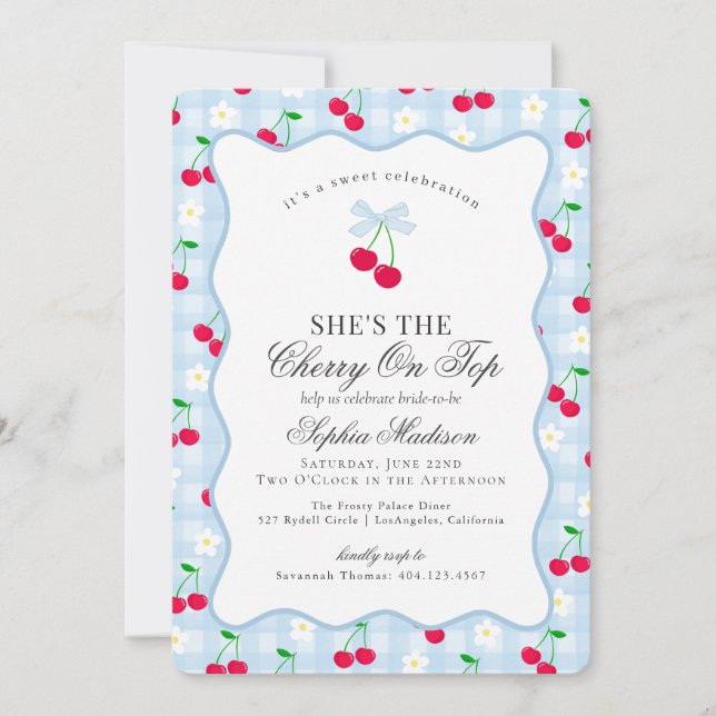 Cherry Sweet Blue Coquette Gingham Bridal Shower Invitation (Front)
