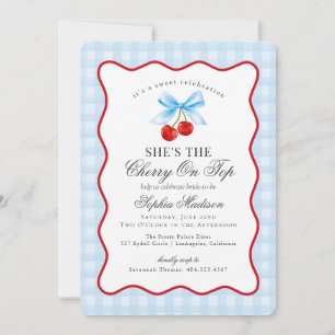 Cherry Sweet Blue Coquette Gingham Bridal Shower Invitation