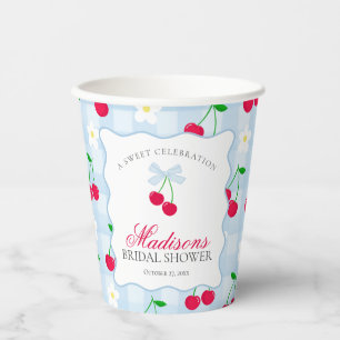 Cherry Sweet Blue Coquette Gingham Bridal Shower Paper Cups