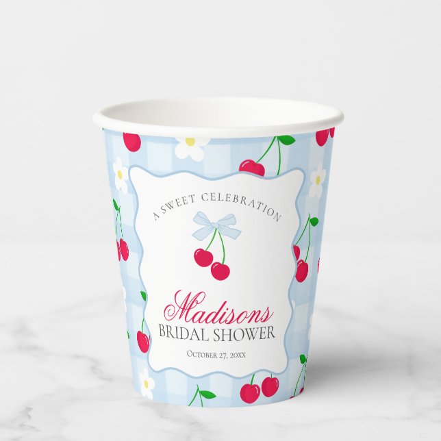 Cherry Sweet Blue Coquette Gingham Bridal Shower Paper Cups (Front)