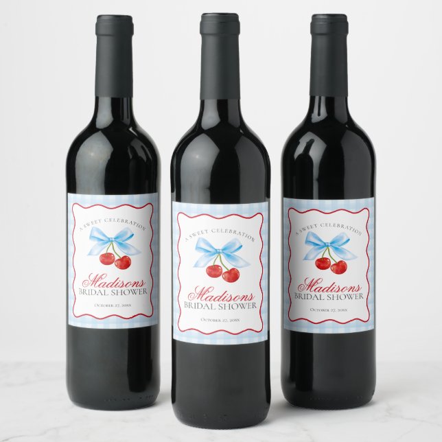 Cherry Sweet Blue Coquette Gingham Bridal Shower Wine Label (Bottles)