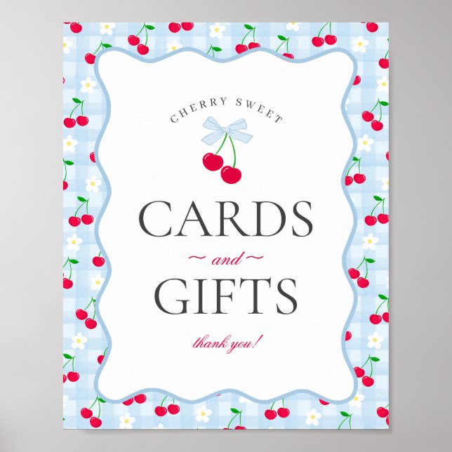 Cherry Sweet Blue Coquette Gingham Cards & Gifts Poster (Front)