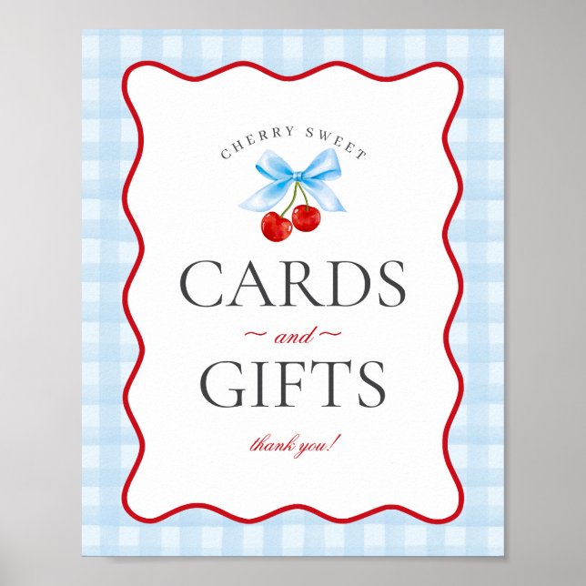 Cherry Sweet Blue Coquette Gingham Cards & Gifts Poster (Front)
